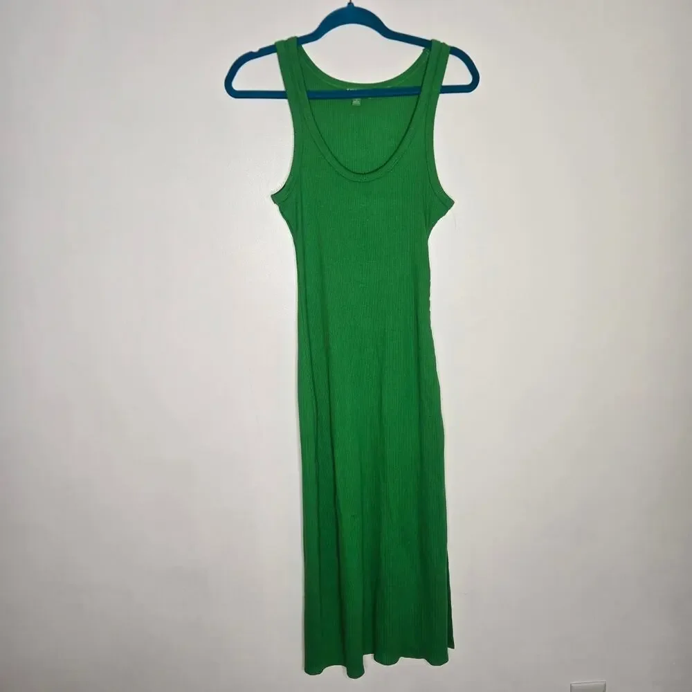 J Crew Women Ruched Midi Dress Kelly Green Ribbed Stretch Summer Beach Small